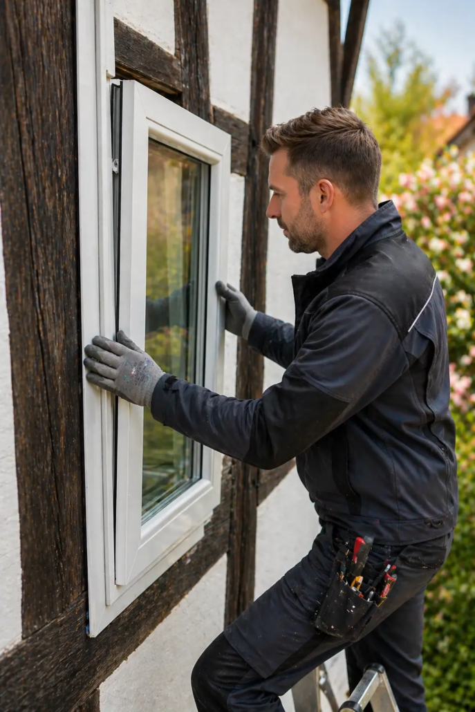 Fenster wird in Fachwerkhaus eingebaut