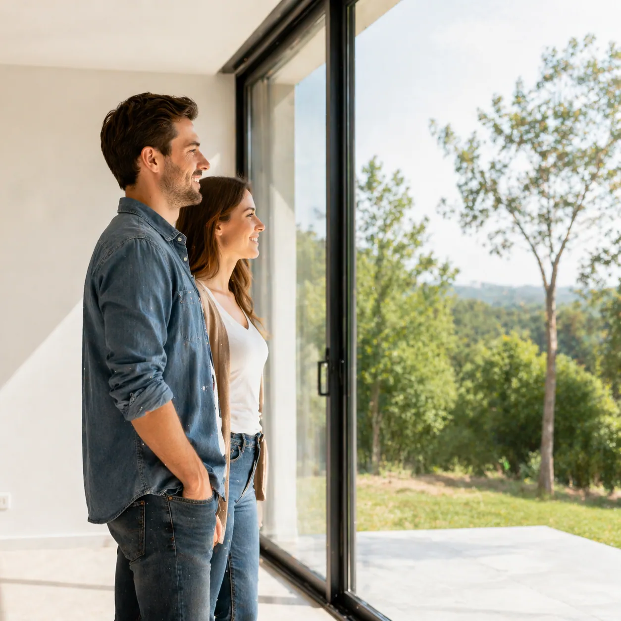 Paar vor Aluminiumfensterwand in Hanau