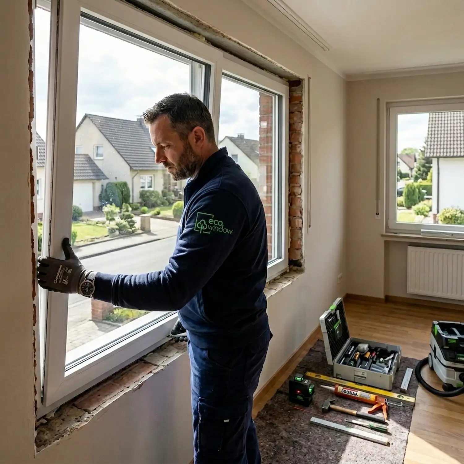 ecowindow Fenstermonteur bei der Arbeit in Langen