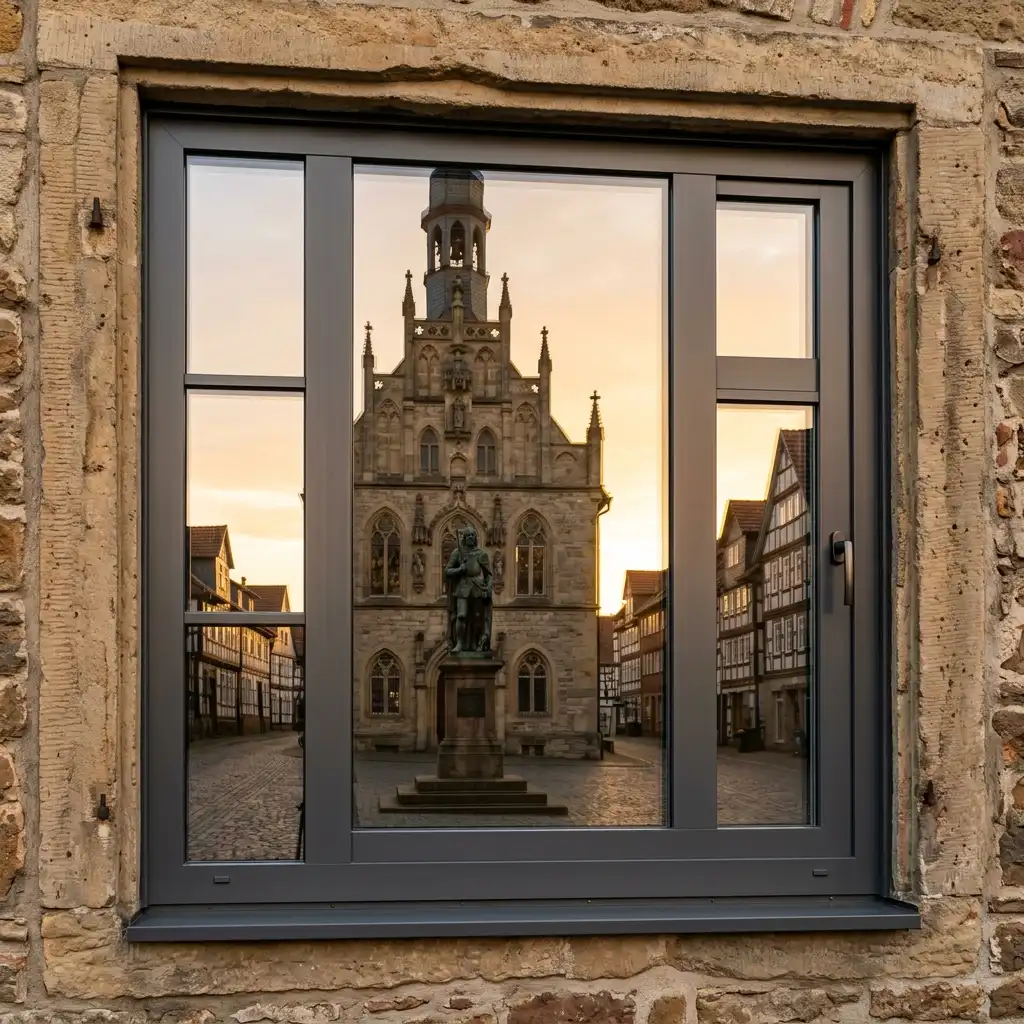Kirche in Korbach spiegelt sich in Fenster Korbach