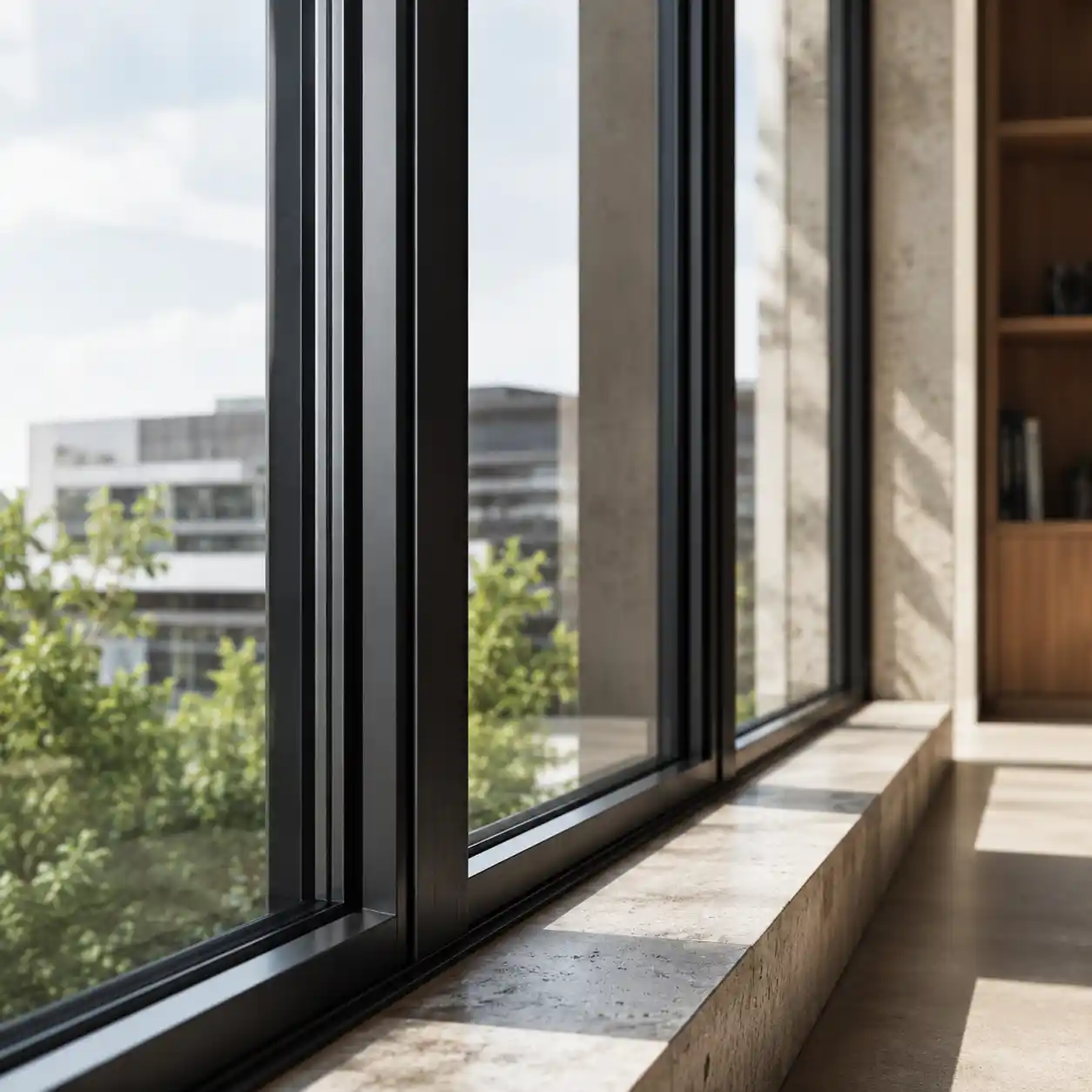 Aluminiumfenster mit schlanken Profilen montiert in einem Berliner Neubau