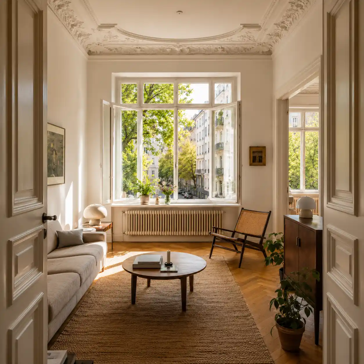 Altbau-Fenstermontage in Berlin – Wohnzimmer mit neu eingebauten Fenstern