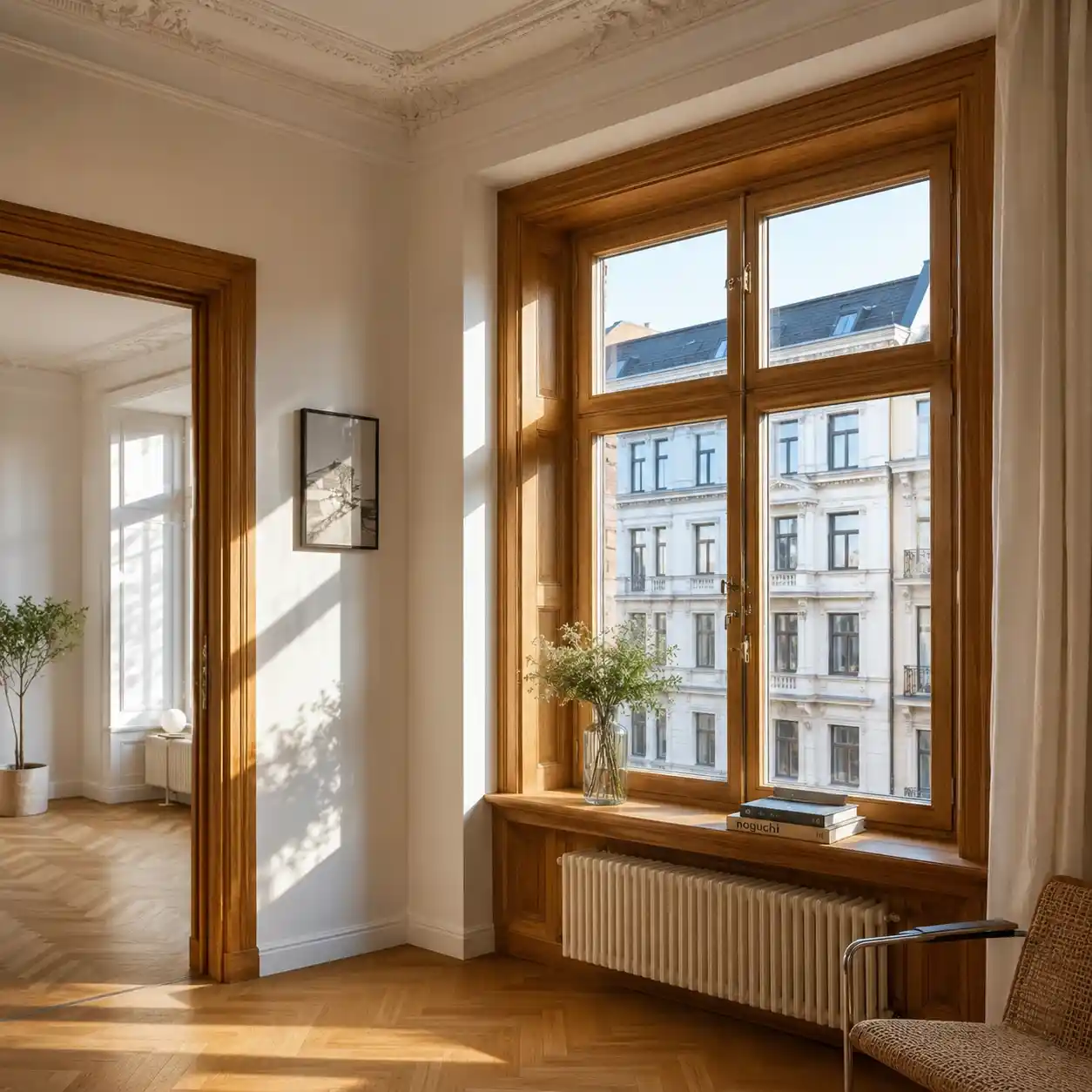 Holzfenster nach Fenstermontage in Berliner Altbau mit Stuckdecke