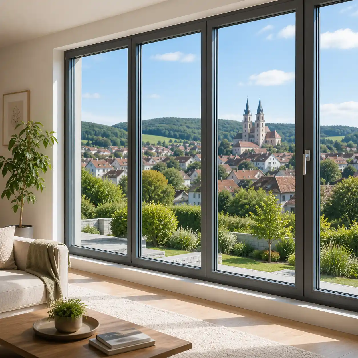 Blick durch Fensterfront auf Fritzlar