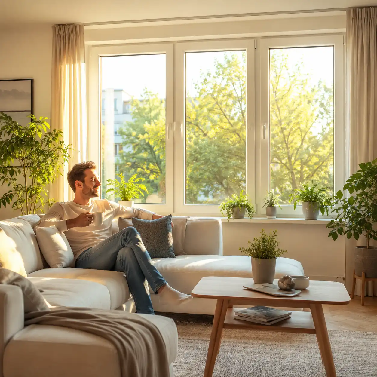 Kunststofffenster sanieren im Wohnzimmer Neue Kunststofffenster nach Sanierung in hellem Wohnzimmer