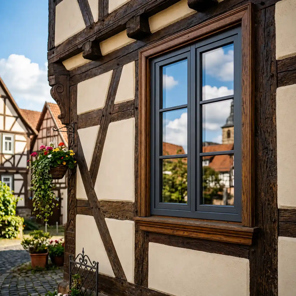 Graues Kunststofffenster in Fachwerkhaus in Witzenhausen
