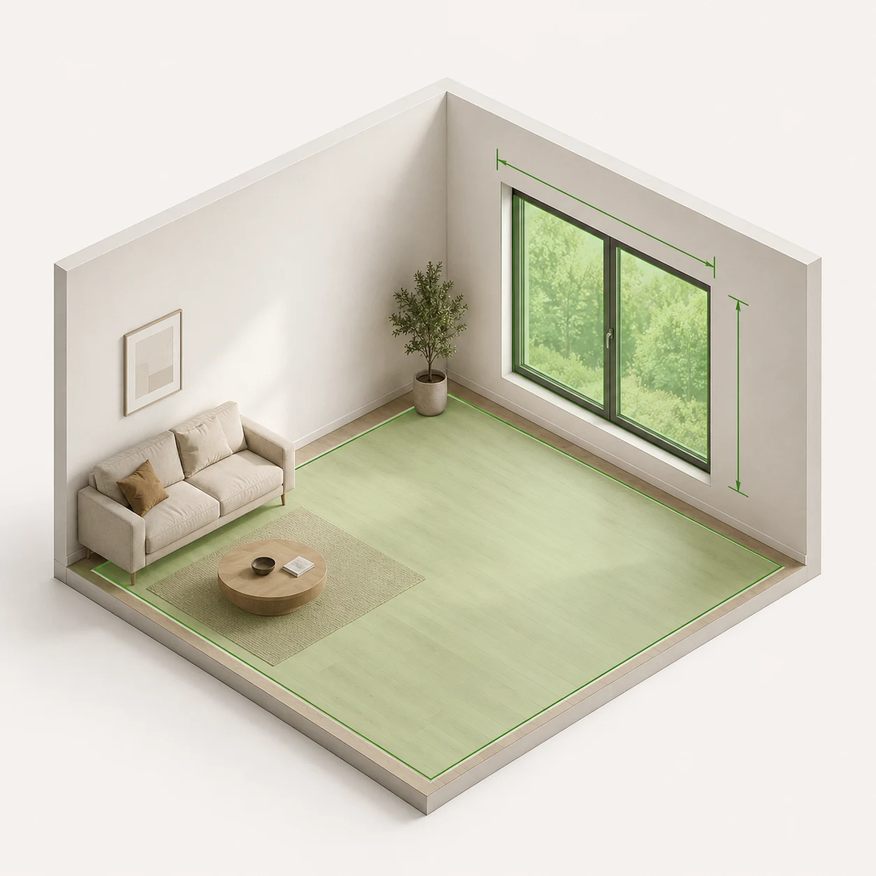Raum mit Fenster und visueller Darstellung des optimalen Fensterflächen-Anteils von 20 bis 25 Prozent