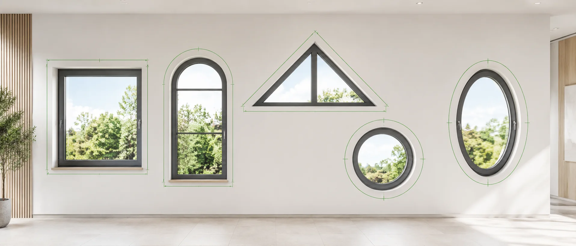Verschiedene Fensterformen, Rechteck, Rundbogen, Dreieck und rundes Fenster, in einem Wohngebäude eingebaut