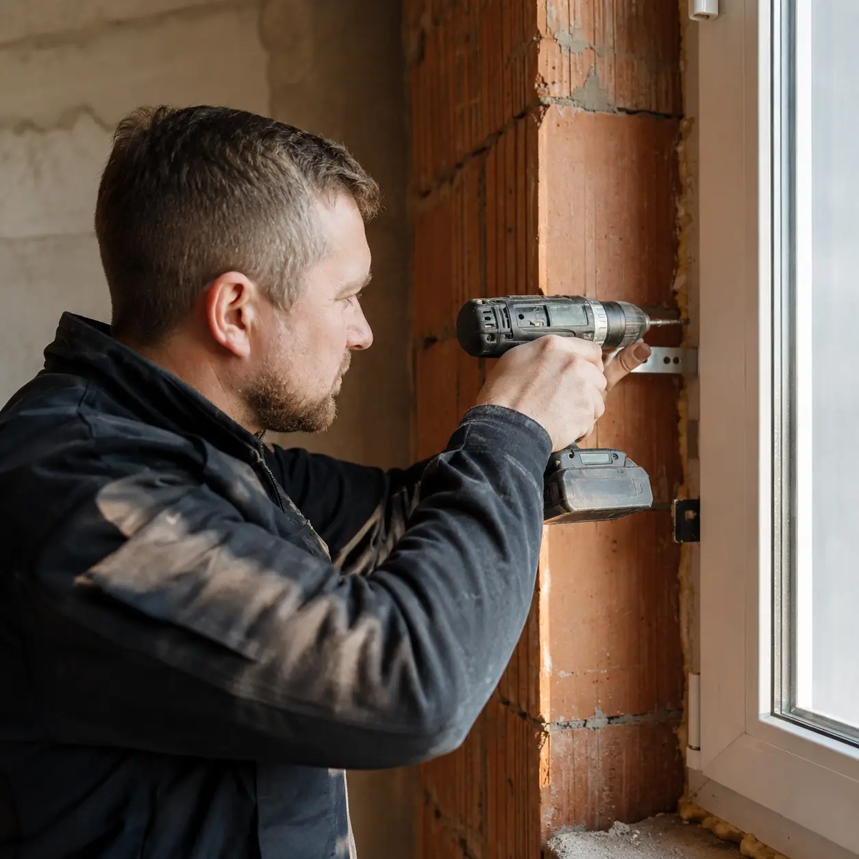 ecowindow Monteur befestigt Fensterrahmen im Mauerwerk RAL Montage