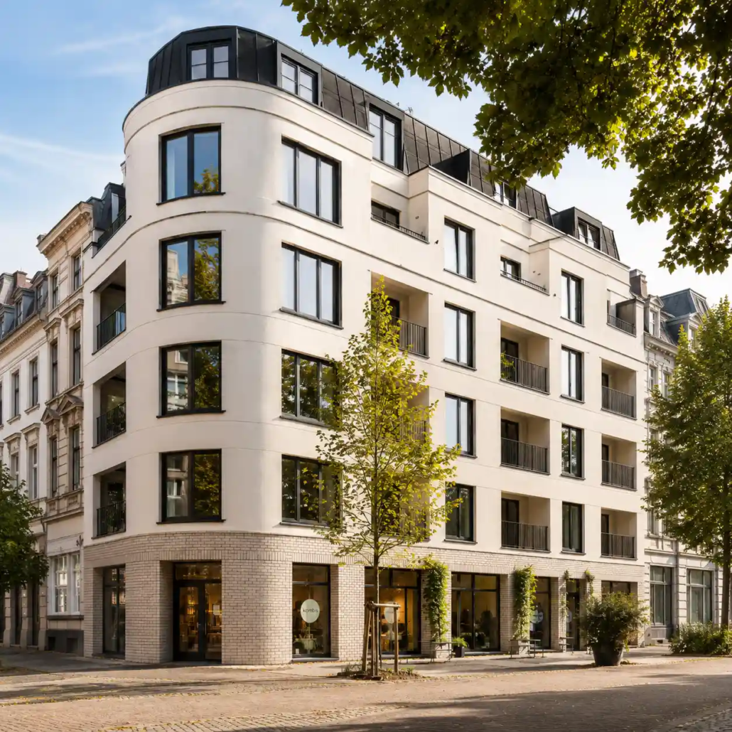 Modernes Wohn- und Geschäftshaus mit neuen Fenstern der Fenstermontage Firma ecowindow