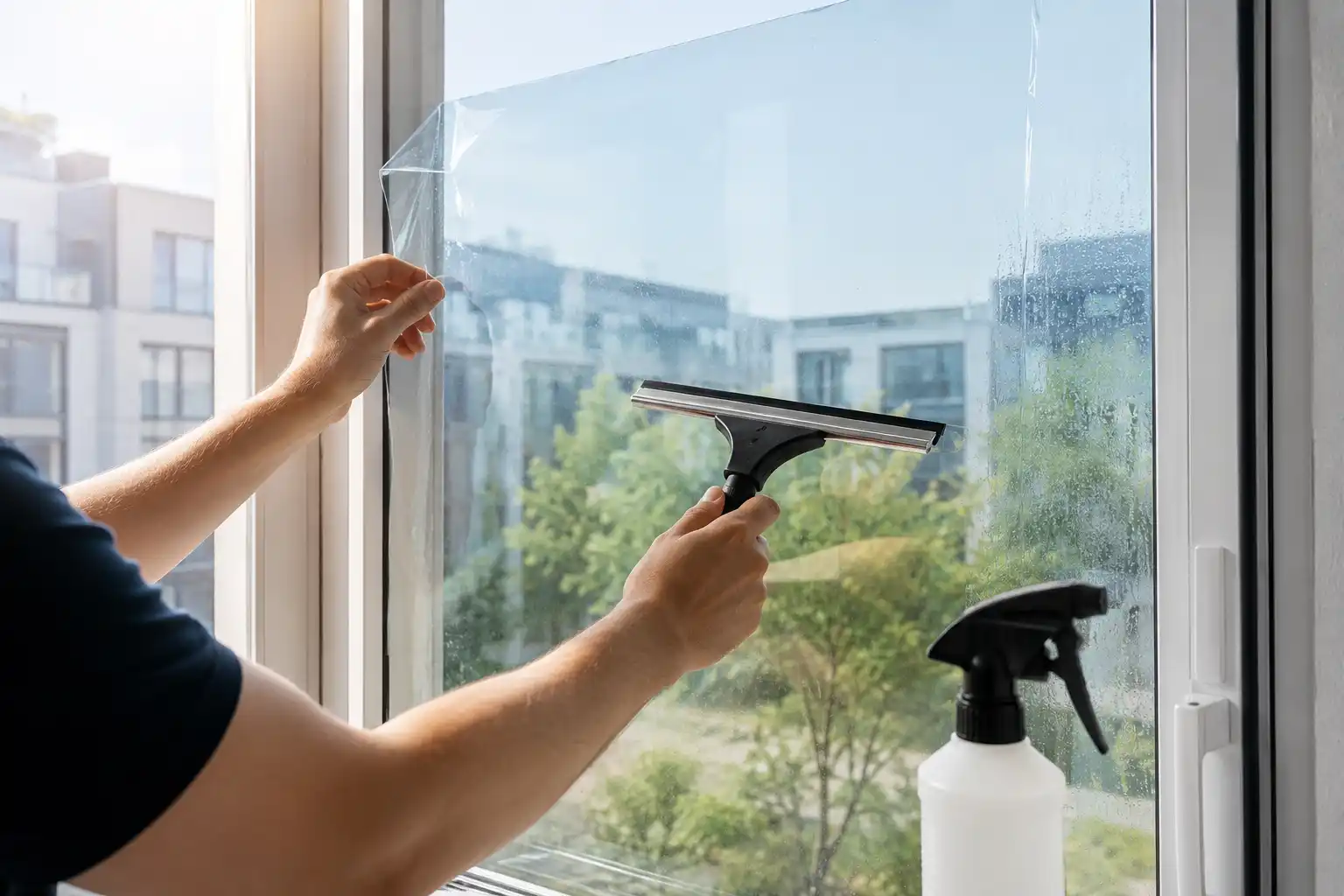 Sonnenschutzfolie wird am Fenster angebracht, Hitzeschutz Fenster ecowindow