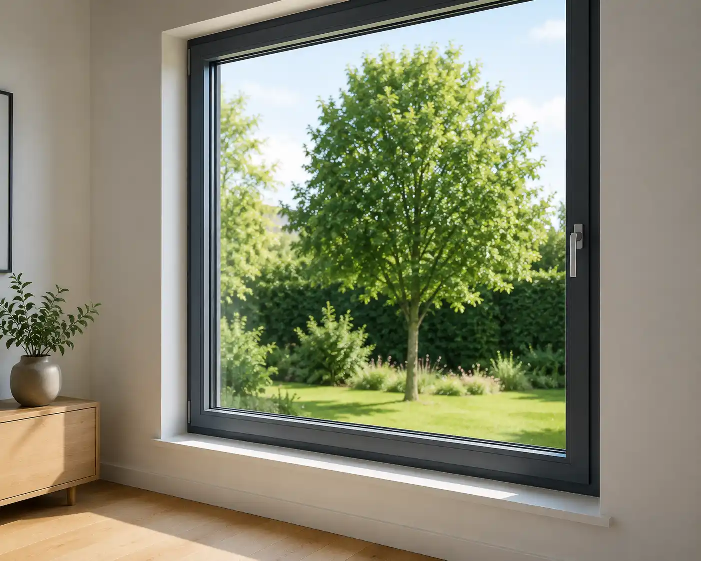 Modernes Fenster mit klarem Sonnenschutzglas im Einbau in hellem Wohnzimmer, ecowindow