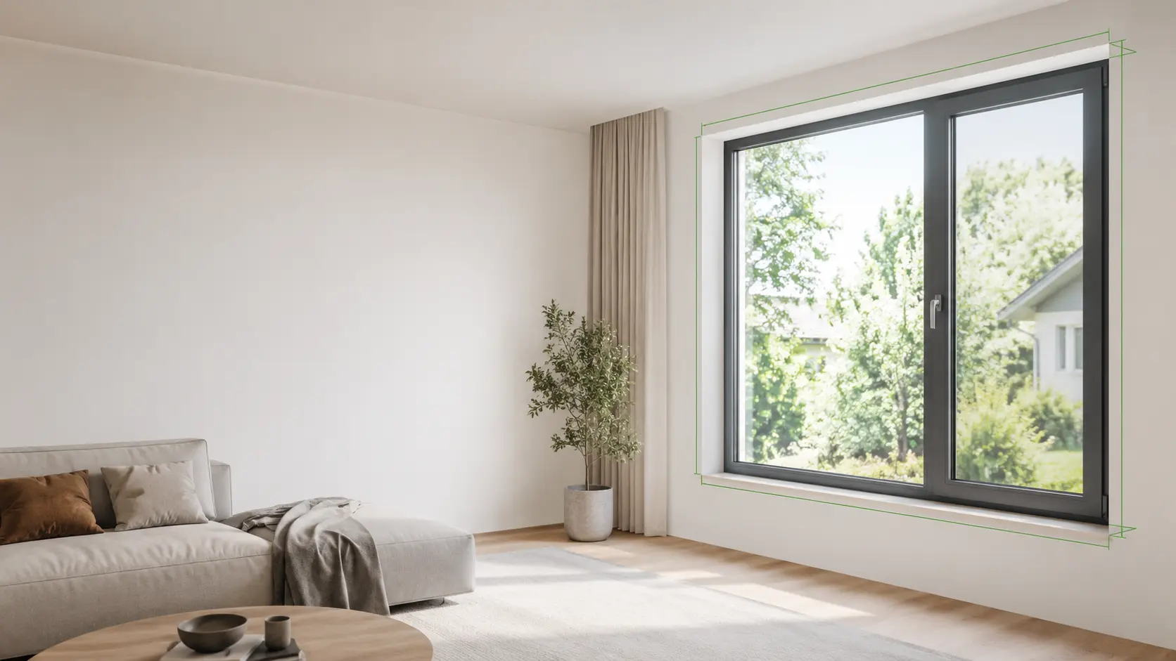 Heller Wohnraum mit großem Fenster, Tageslicht fällt durch die Glasfläche
