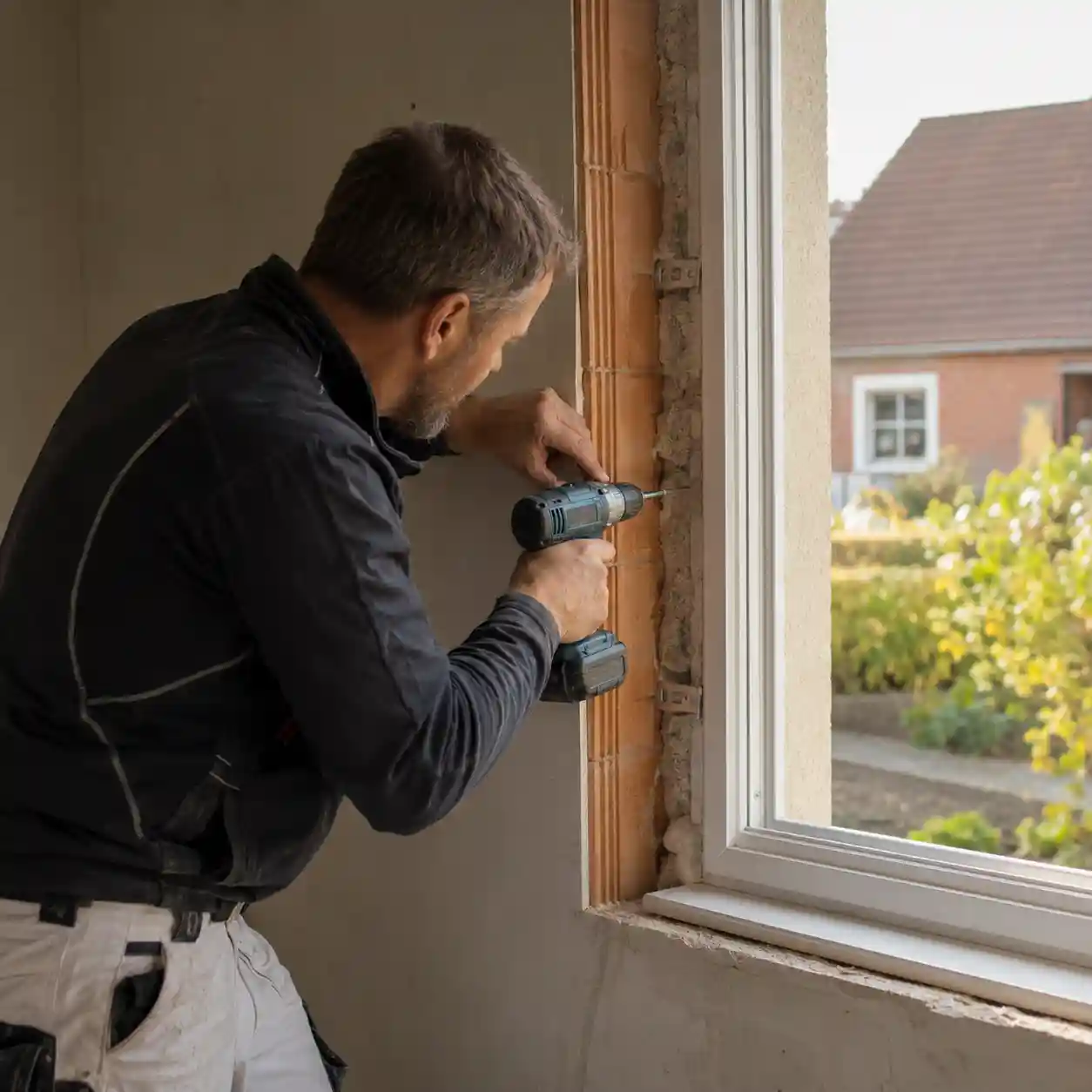 Monteur befestigt Fensterrahmen im Mauerwerk, Fenster befestigen ecowindow