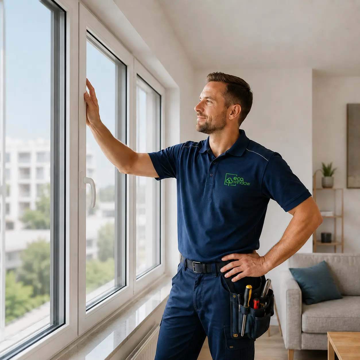 Monteur nach professionellem Fenstereinbau
