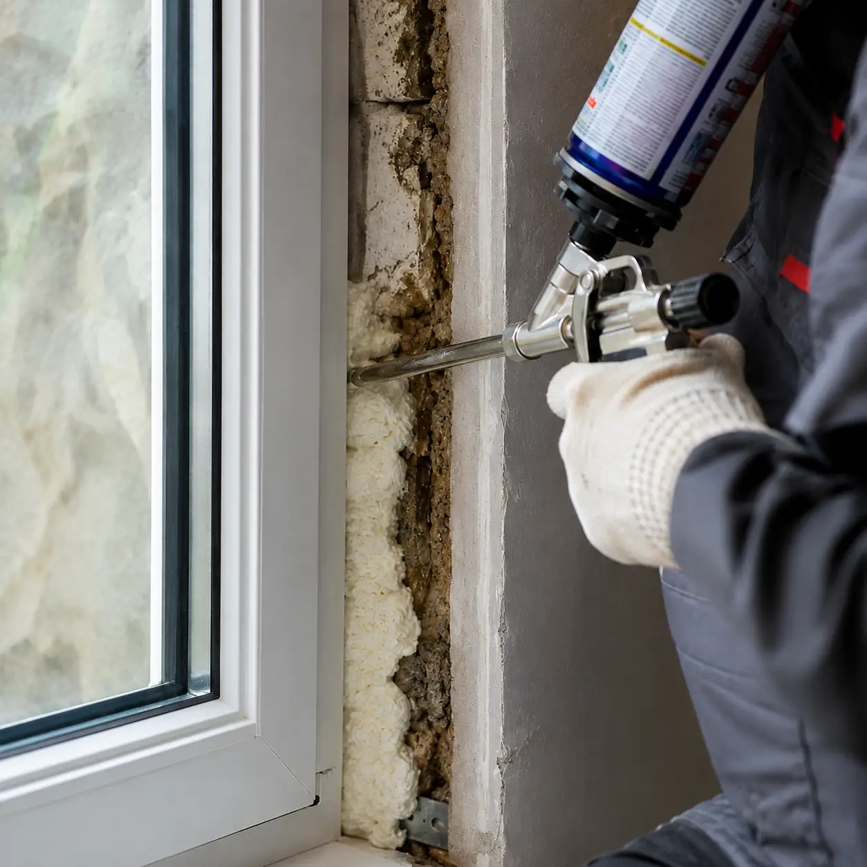 Fenstermonteur bringt Dämmschaum an ecowindow Fenstermonteur bringt Dämmschaum zwischen Fensterrahmen und Mauerwerk an
