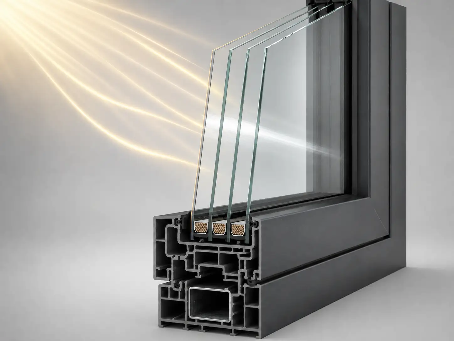 Querschnitt eines Sonnenschutzfensters mit beschrifteten Komponenten Rahmen Glas Beschichtung, ecowindow