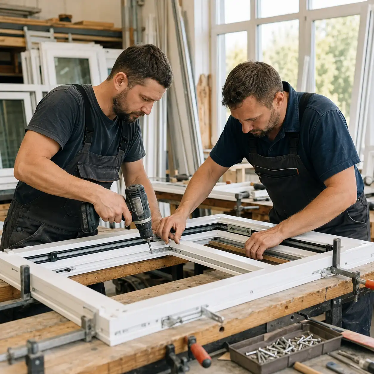 Zwei Fensterbauer von ecowindow fertigen ein Kunststofffenster nach Maß in der Werkstatt