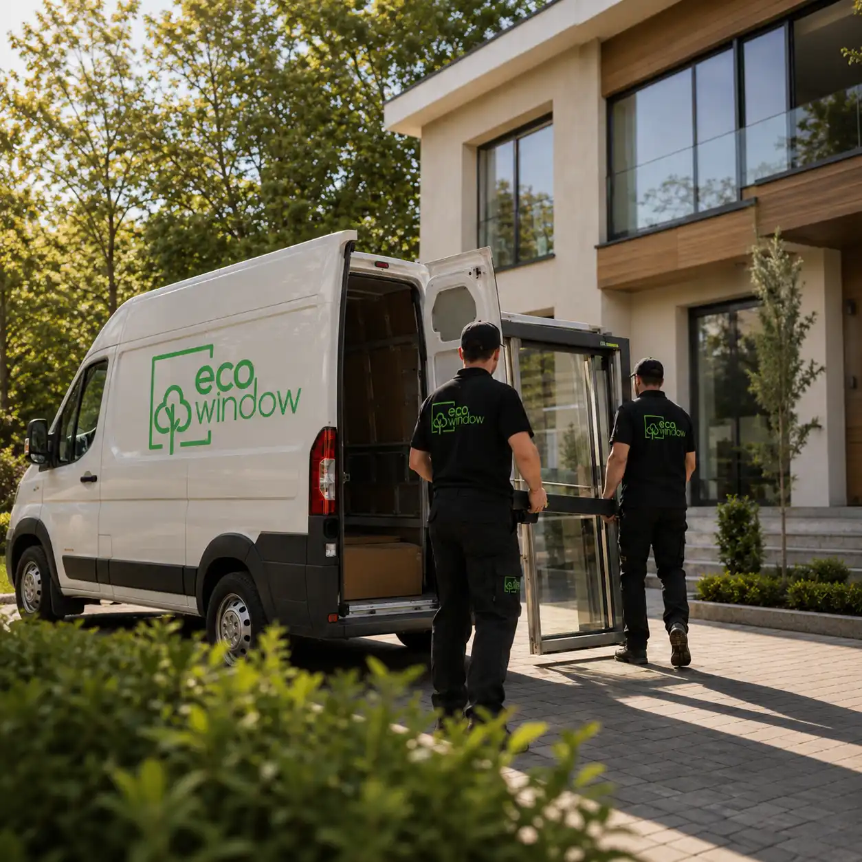 ecowindow Fenstermontage Firma – Team mit Firmen-Van vor einem Wohnhaus