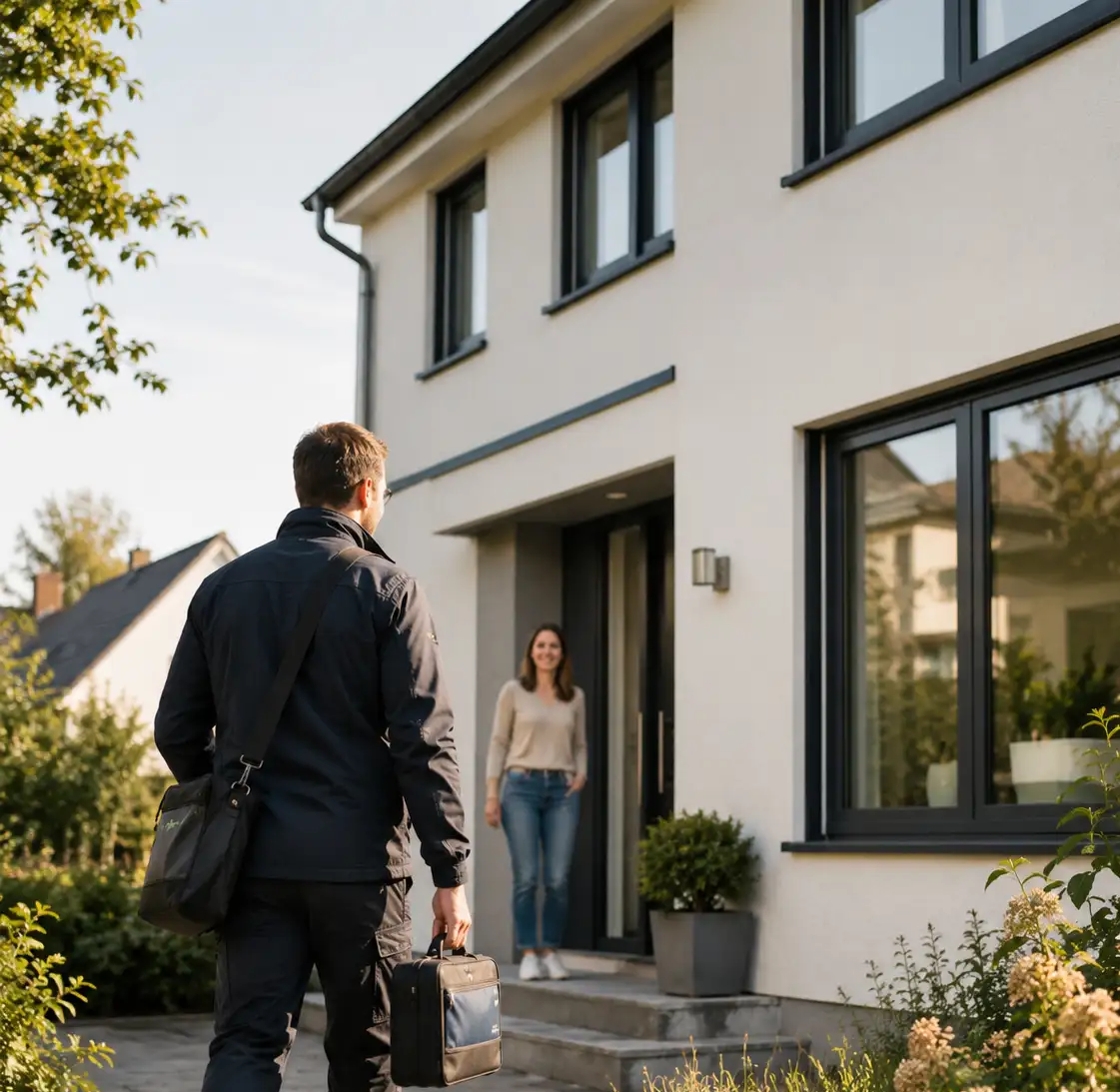 Fenstermonteur von ecowindow kommt zum Termin bei einem Kunden in der Nähe an