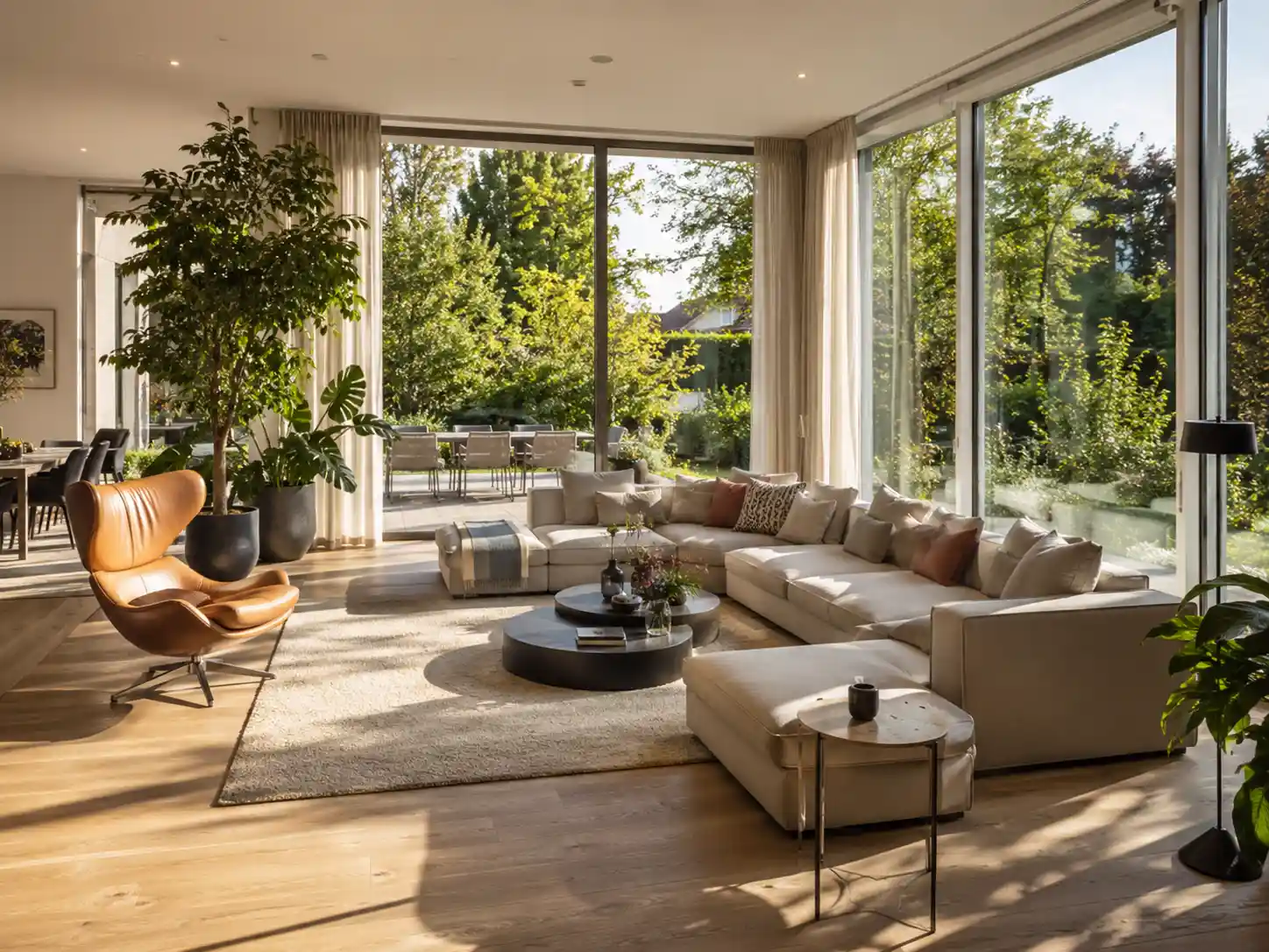 Wohnzimmer mit Sonnenlicht und bodentiefen Fenstern, Hitzeschutz Fenster ecowindow