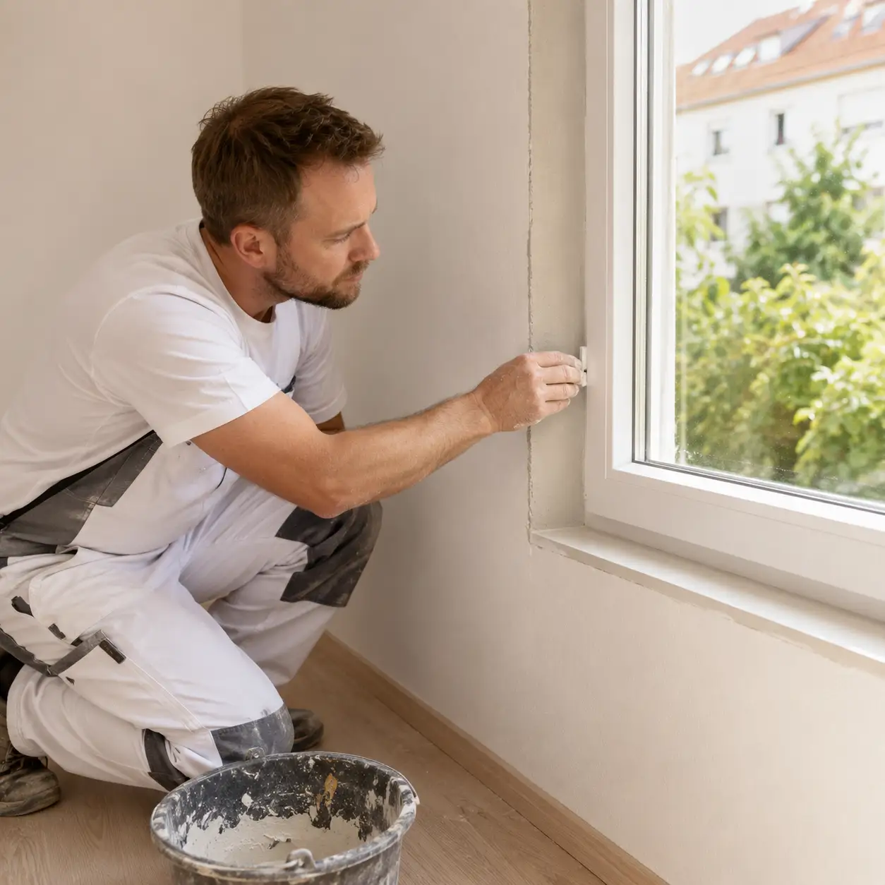 ecowindow-Monteur beim fachgerechten Fenstereinbau und Wiederherstellung der Laibung