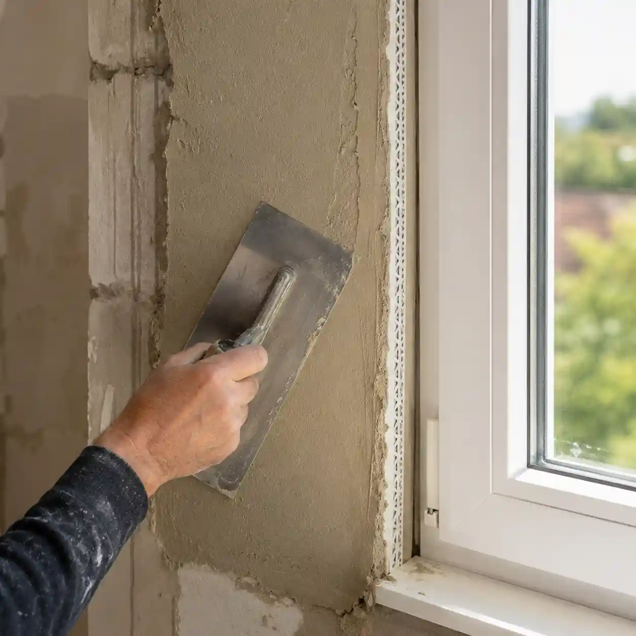 Detailaufnahme: Verputzen einer Fensterlaibung mit Kelle und Anputzleiste