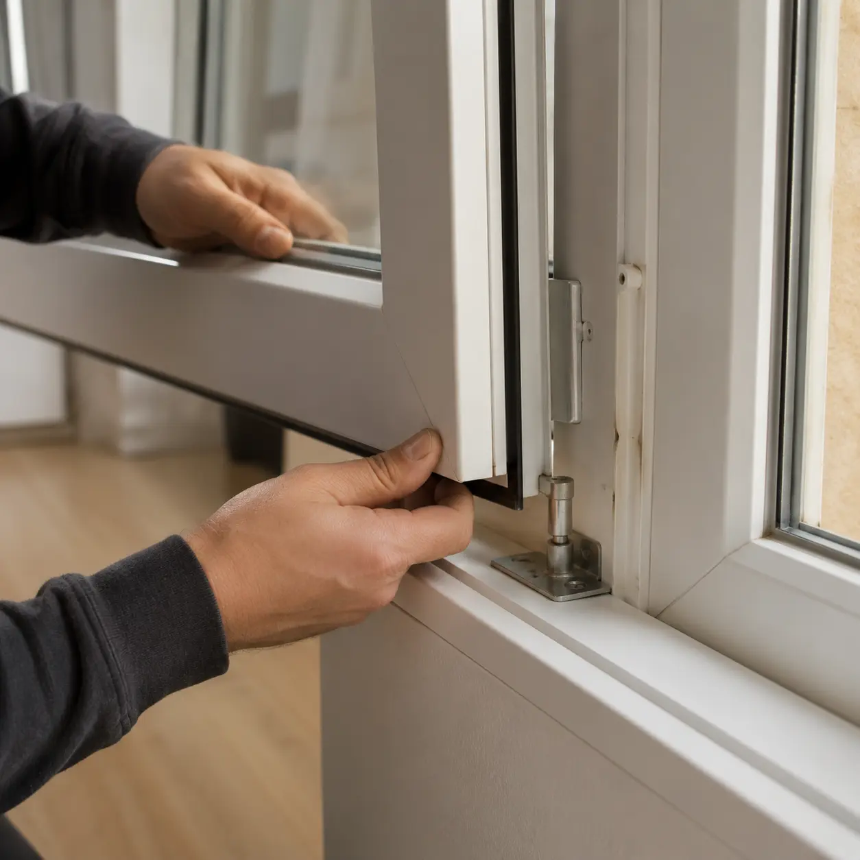 Hand setzt Fensterflügel ins Ecklager ein, ecowindow Anleitung Fenster einhängen