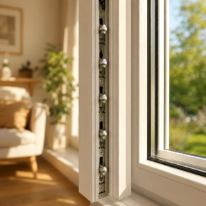 Pilzkopfverriegelung als Sicherheitsbeschlag am Fenster von ecowindow