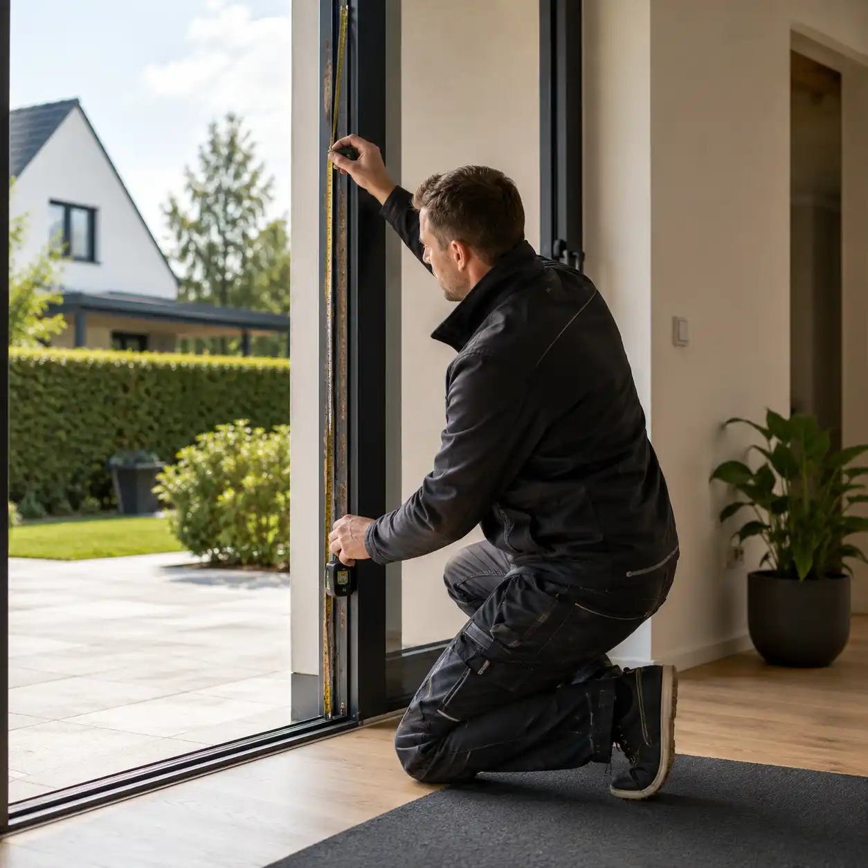 ecowindow-Monteur misst Türöffnung mit Lasermessgerät