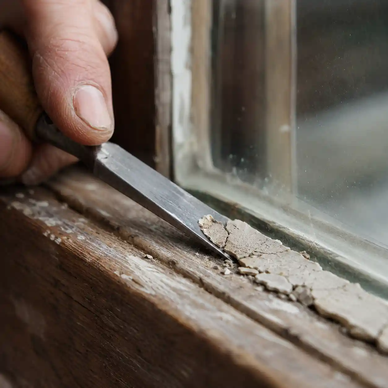 Stechbeitel löst alten Fensterkitt aus Falz – ecowindow