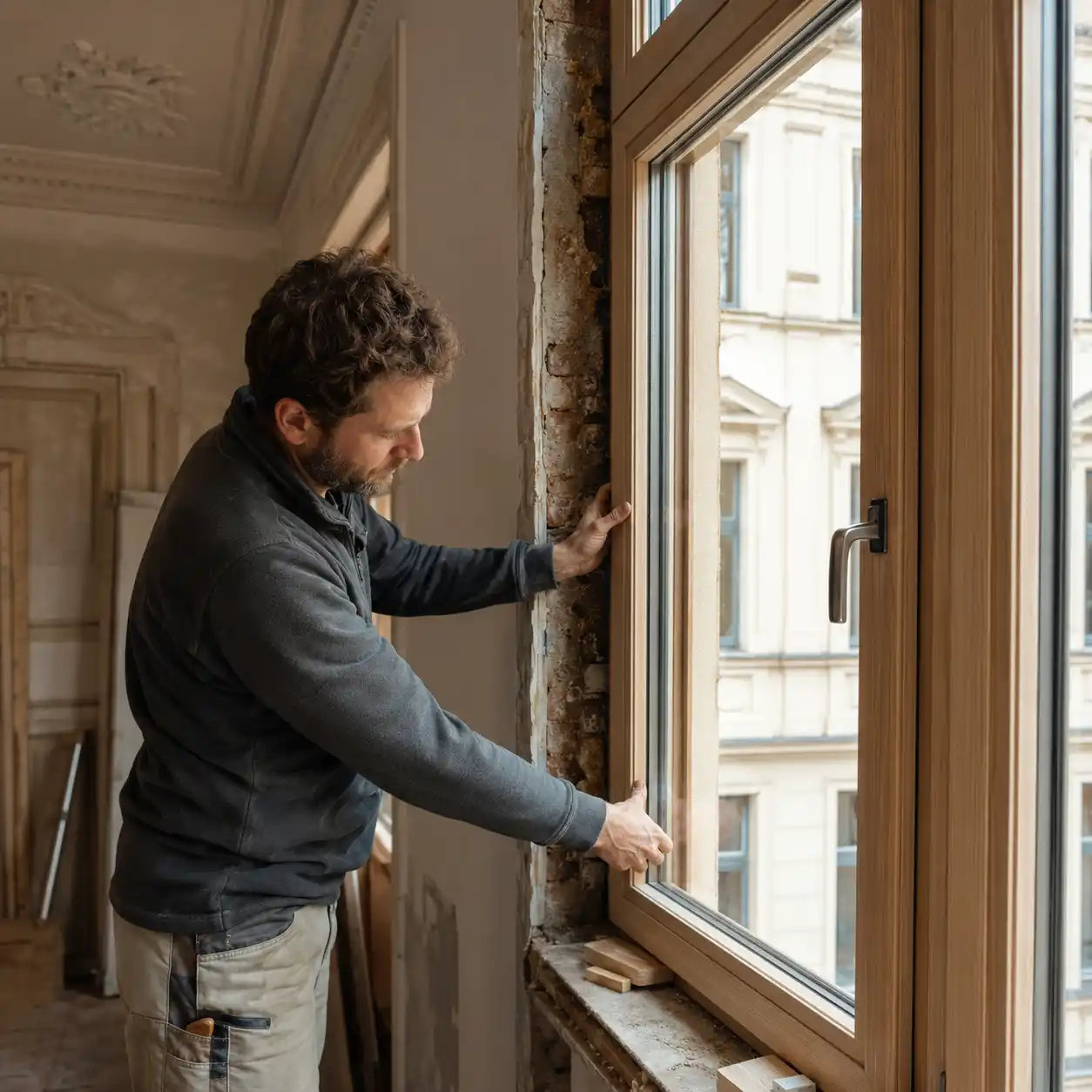 ecowindow-Monteur beim Einbau eines Holzfensters im Altbau – ecowindow