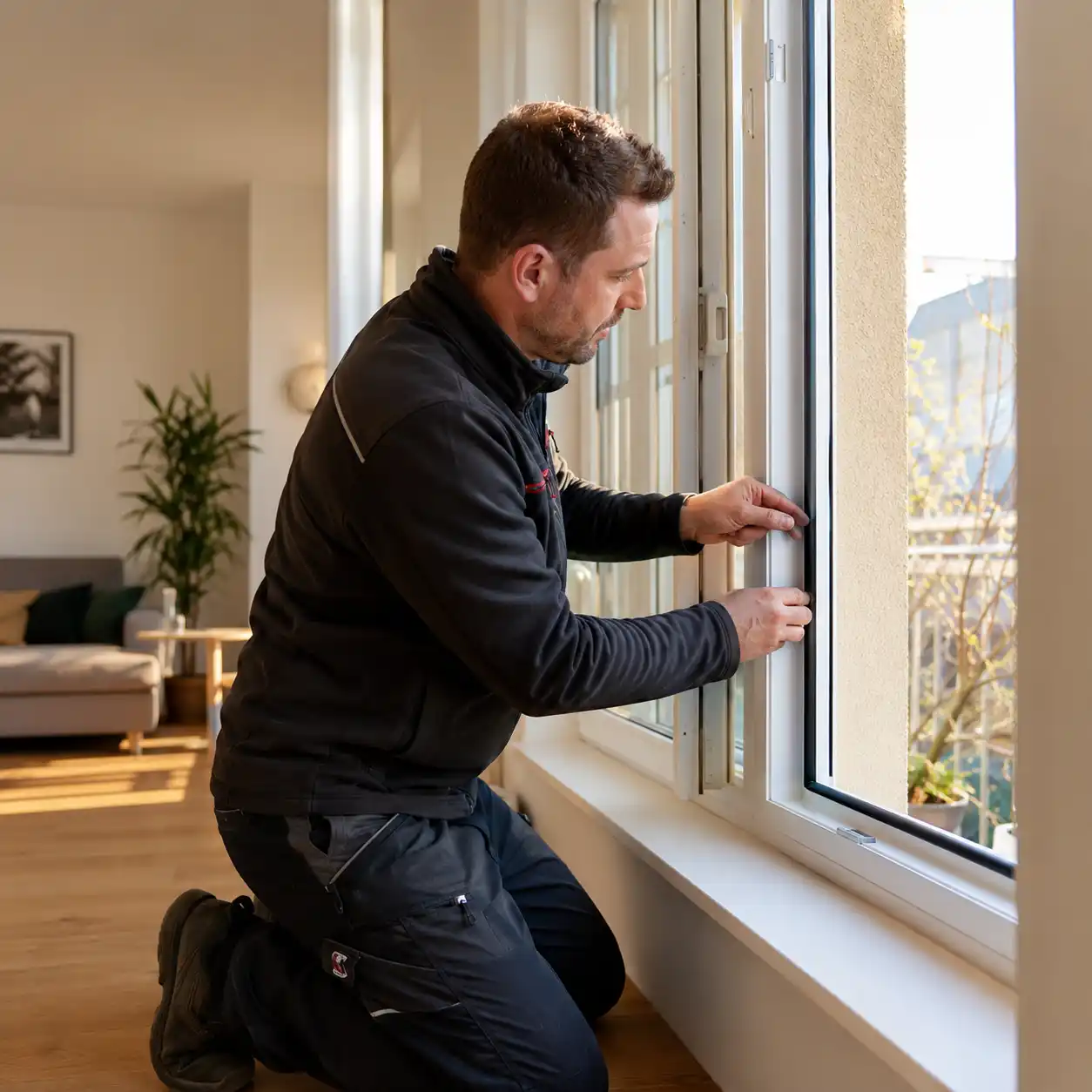 Monteur prüft Fensterdichtung am Kunststofffenster ecowindow