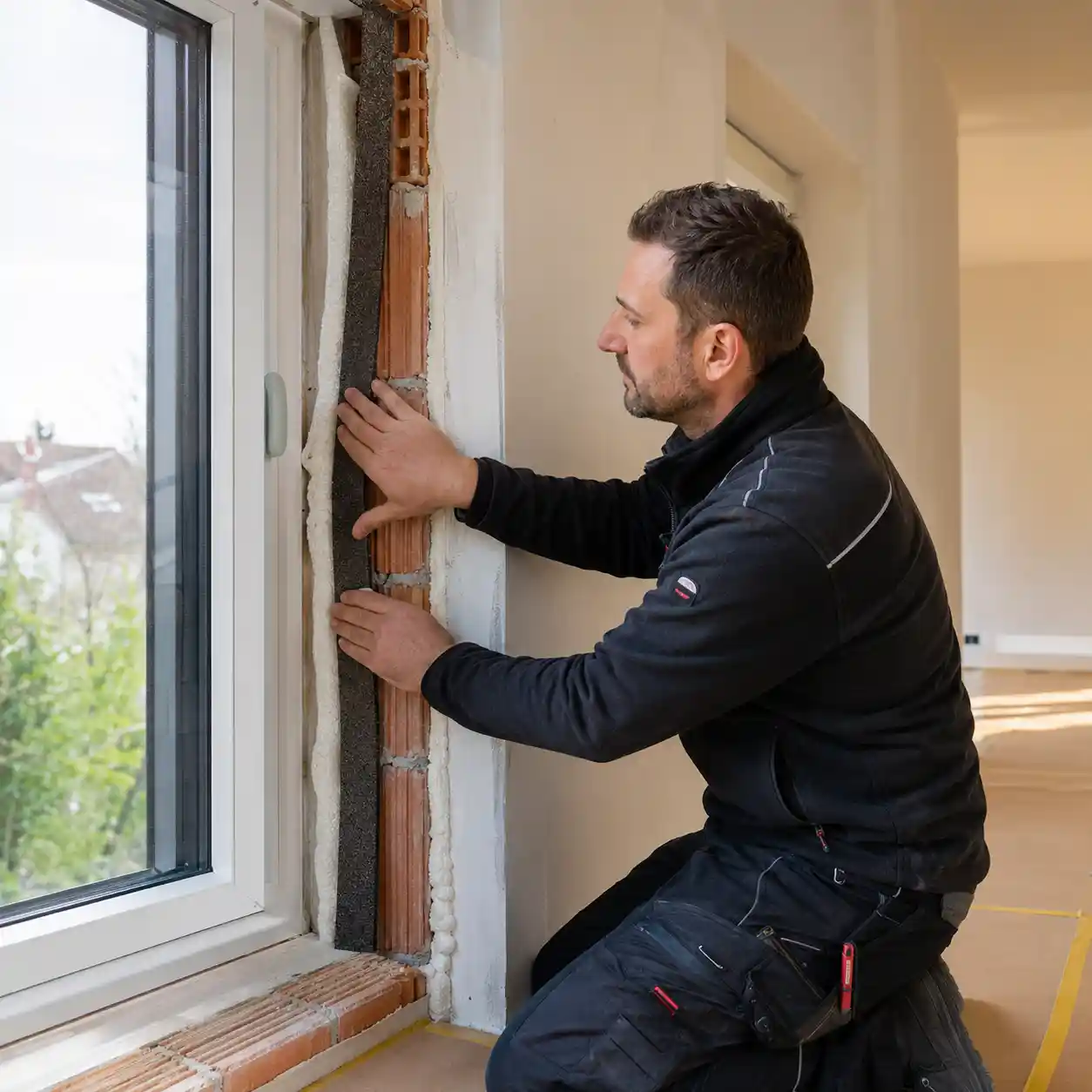 ecowindow Monteur arbeitet an Bauanschlussfuge mit Kompriband