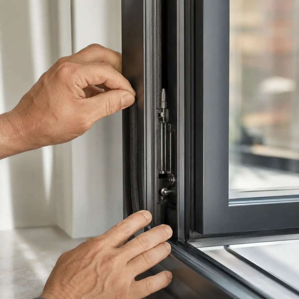 Fenster wird präzise vom Fensterbauer eingestellt