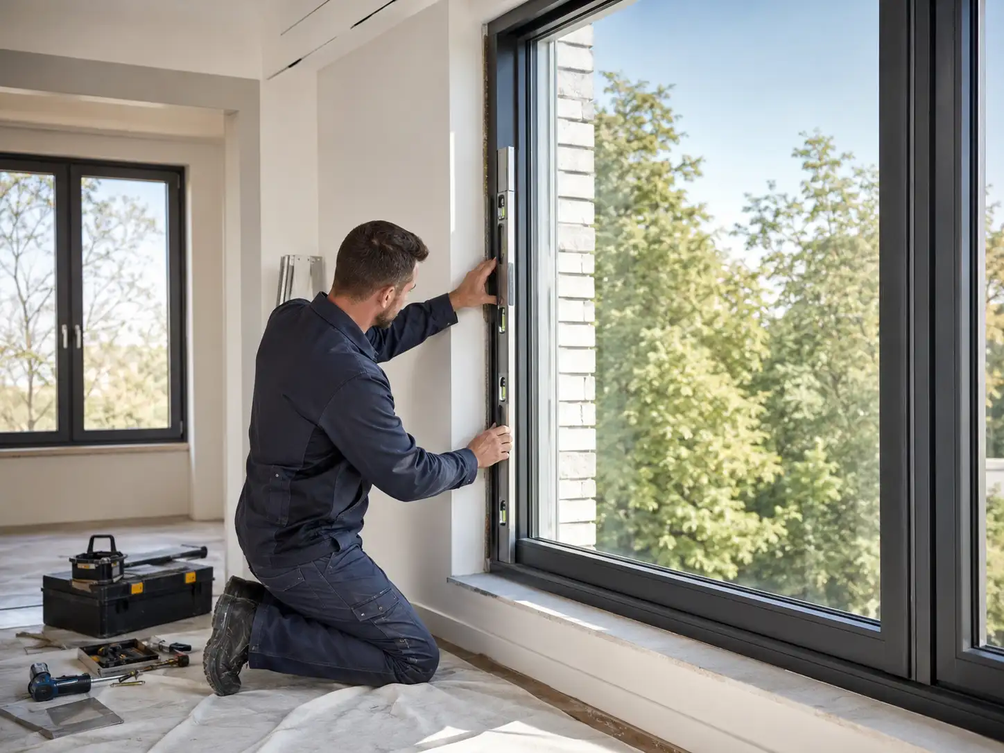 ecowindow-Monteur beim Einbau eines Sonnenschutzfensters in modernem Wohnraum, ecowindow