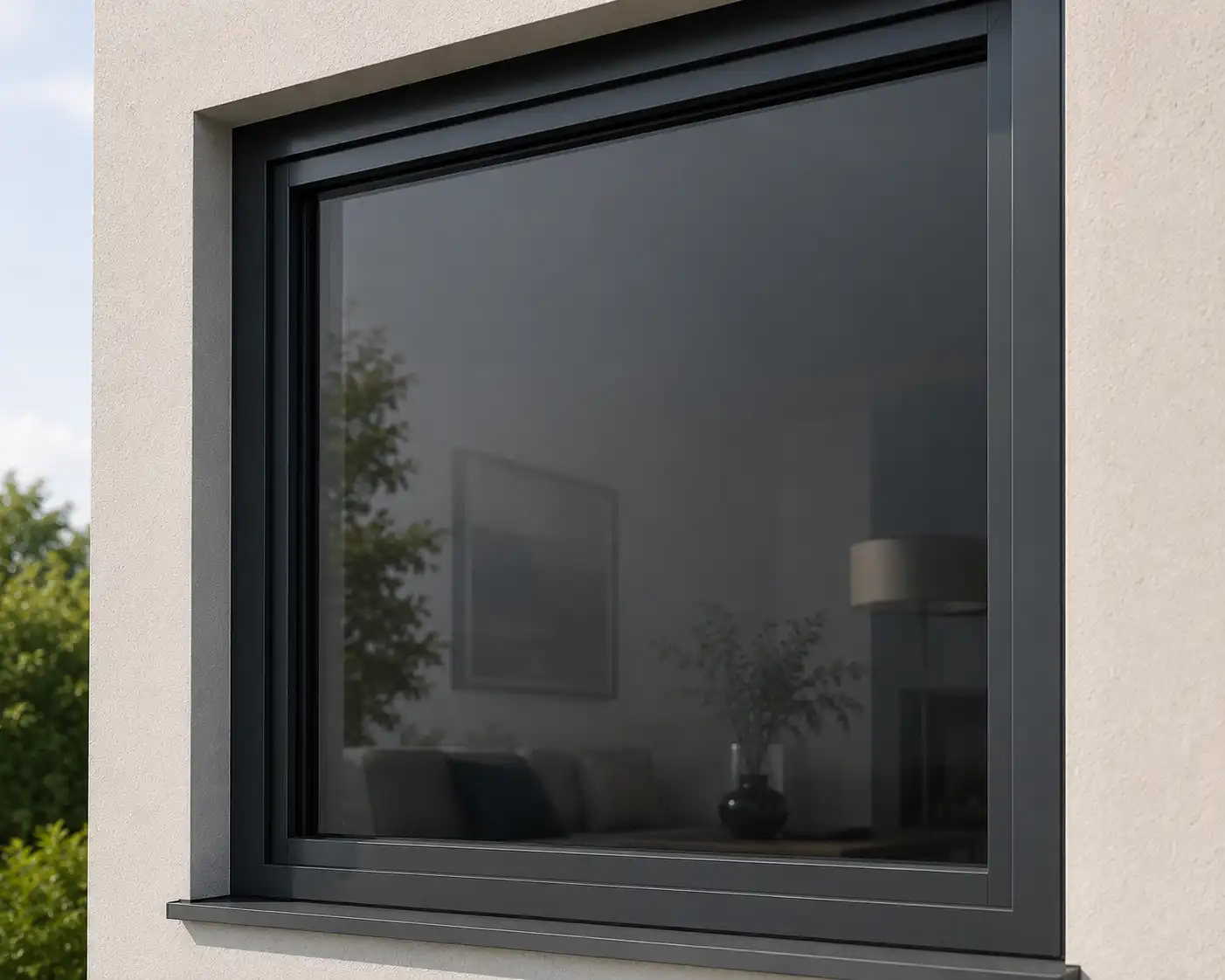 Hausfassade mit grauer Sonnenschutzglas-Tönung, moderne Architektur, ecowindow