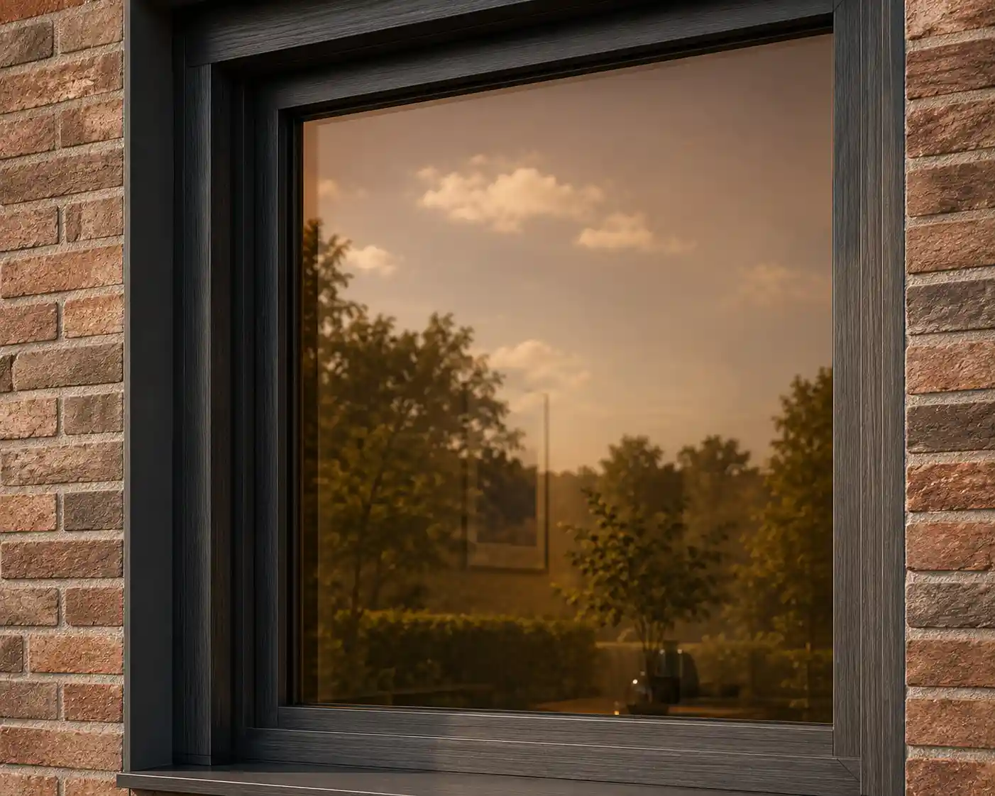 Hausfassade mit Bronze-brauner Sonnenschutzglas-Tönung, klassische Architektur, ecowindow