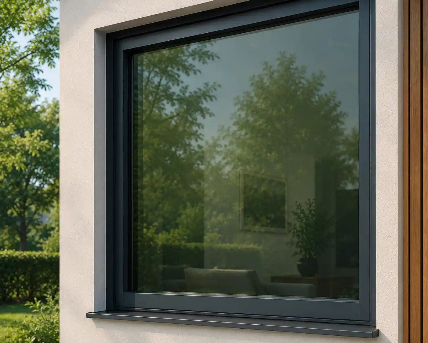 Hausfassade mit grüner Sonnenschutzglas-Tönung, subtile naturnahe Optik, ecowindow