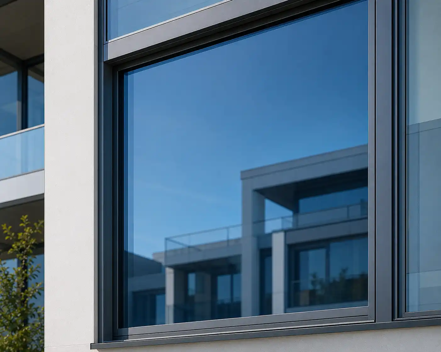 Hausfassade mit blauer Sonnenschutzglas-Tönung, moderne Glasarchitektur, ecowindow