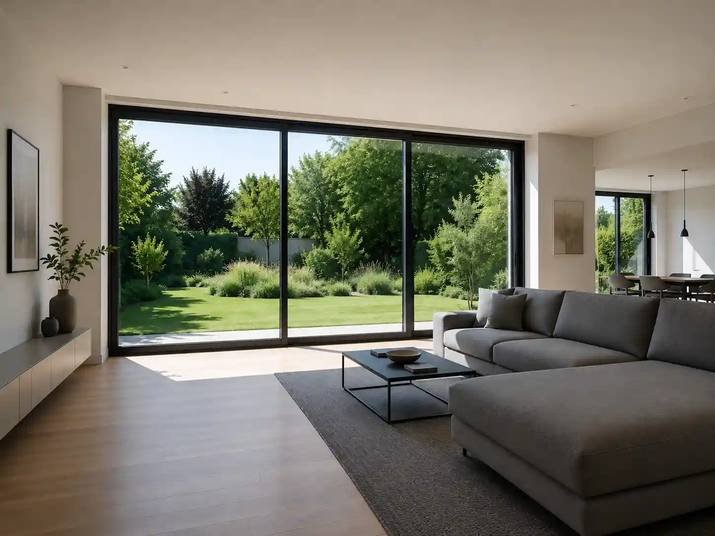 Bodentiefes Fenster in modernem Wohnraum mit großer Glasfläche, Sonnenschutzfenster ecowindow