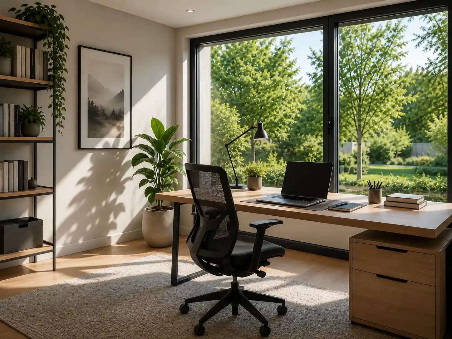 Homeoffice mit Bildschirm und Tageslicht durchs Fenster, Sonnenschutzfenster ecowindow