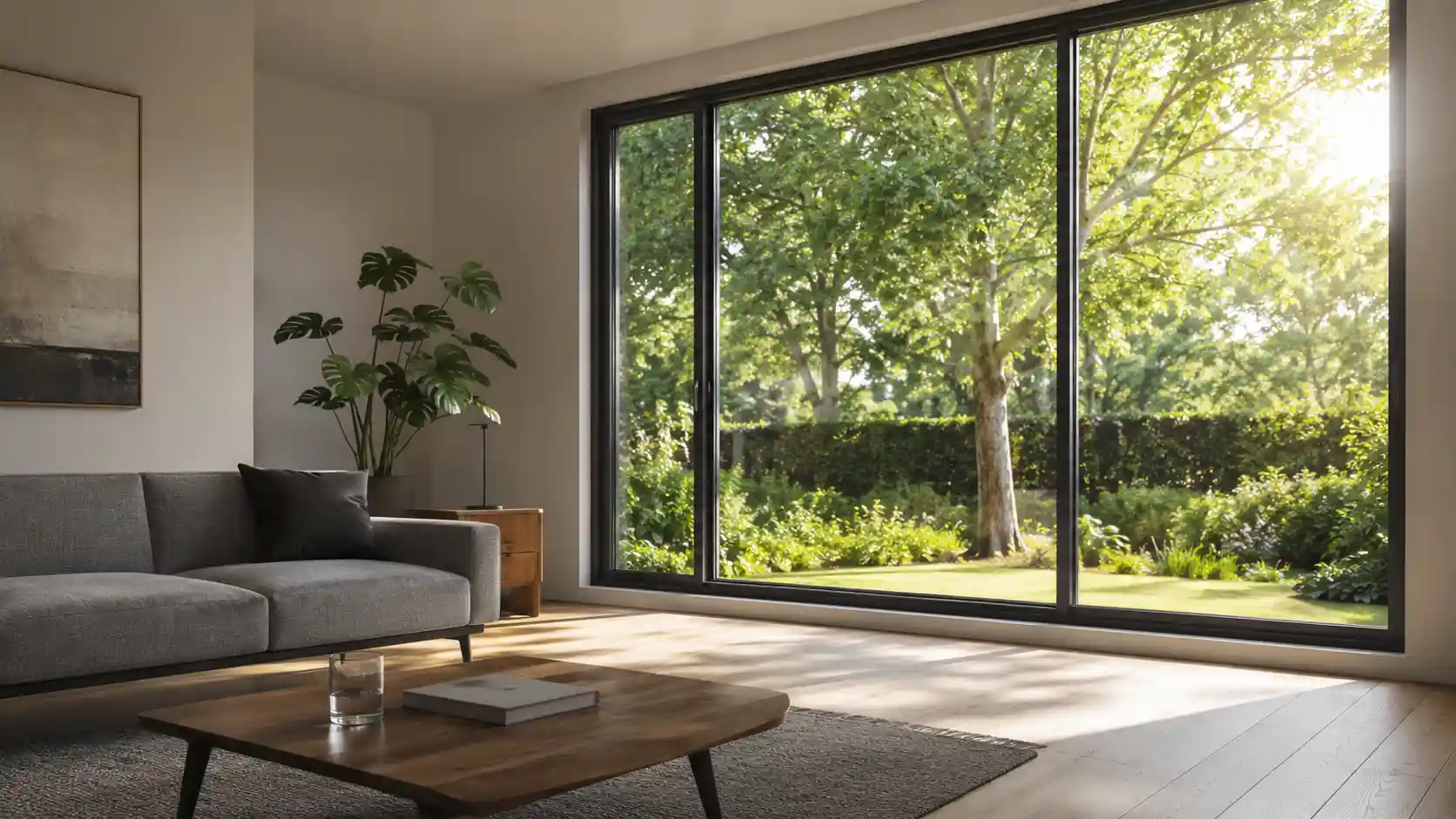 Sonnenschutzverglasung Fenster in hellem Wohnzimmer mit großer Fensterfront im Sommer, ecowindow