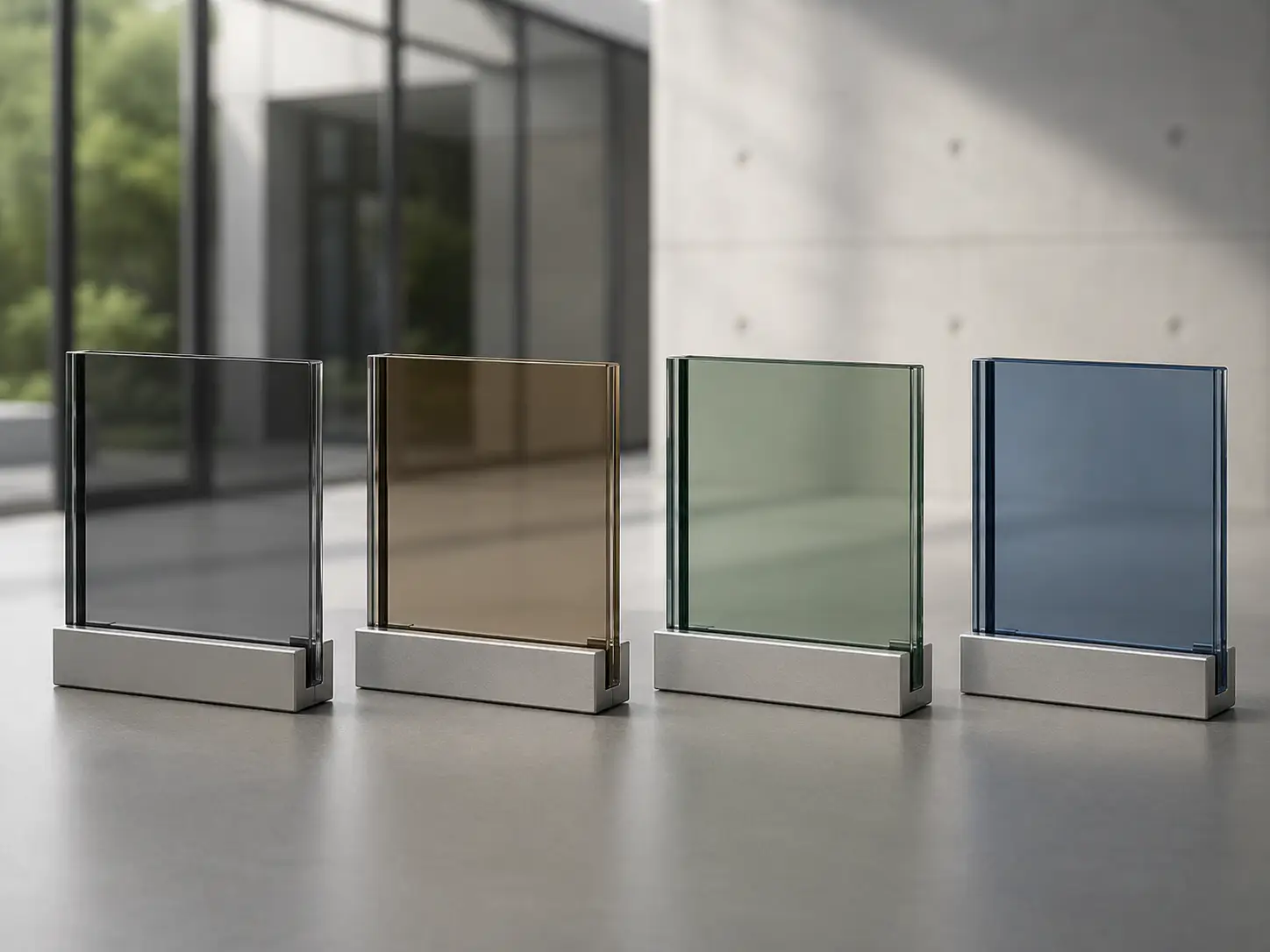Vier Farbproben getöntes Sonnenschutzglas in Grau Braun Grün Blau, ecowindow