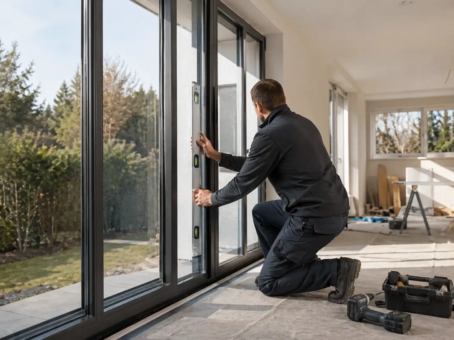 ecowindow-Monteur beim Aufmaß und Einbau eines Fensters mit Sonnenschutzverglasung, ecowindow