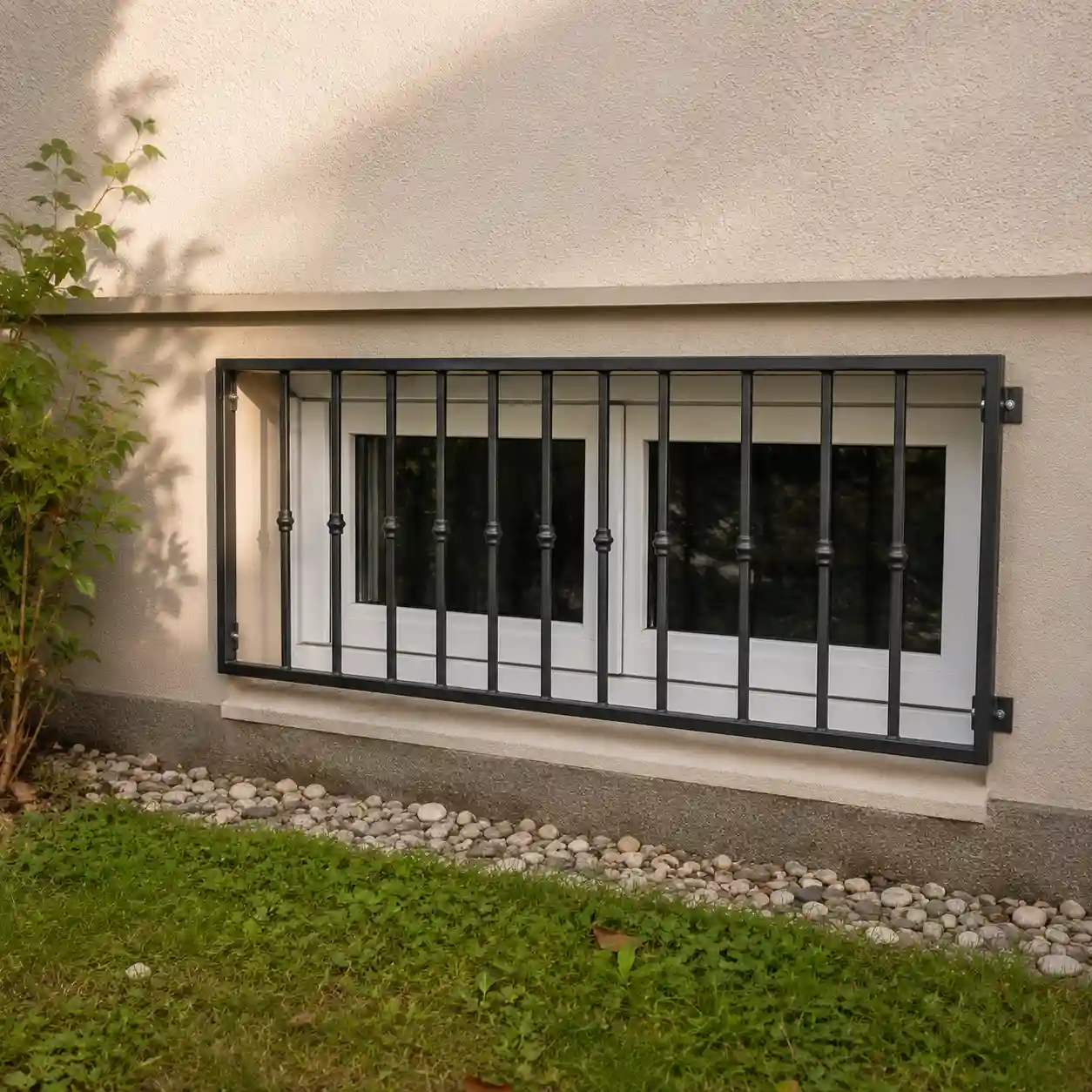 Modernes Kellerfenster mit Sicherheitsausstattung von ecowindow