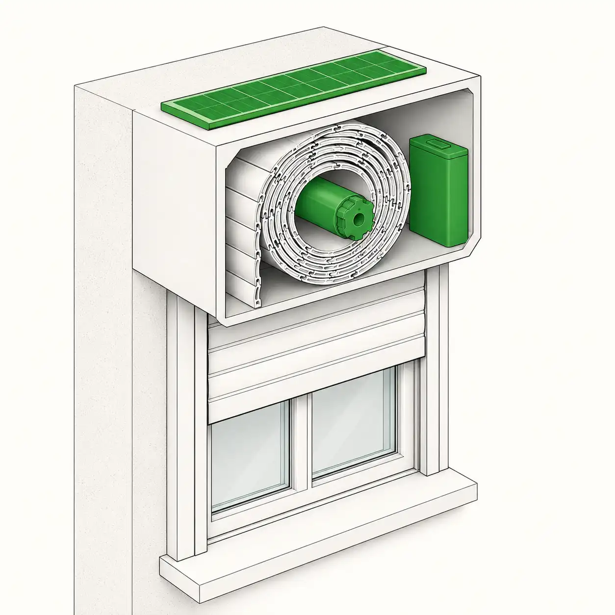 Solarmotor mit Solarpanel für elektrische Rolladen, Schemazeichnung ecowindow