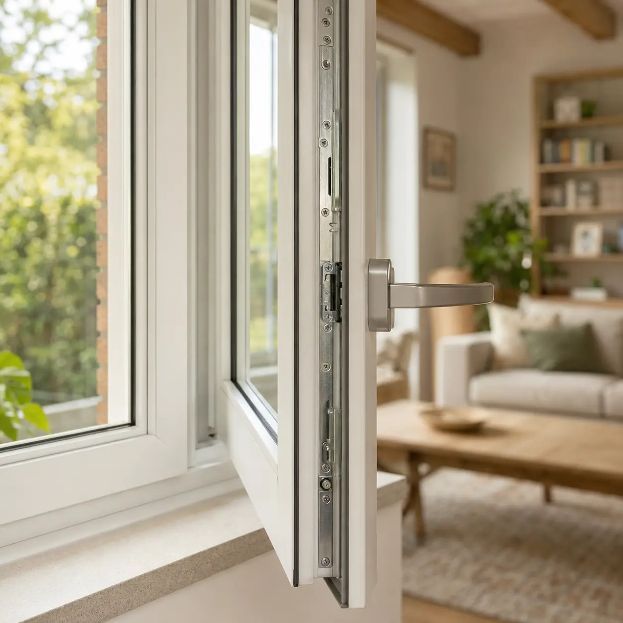 Fensterbeschläge am modernen Fenster von ecowindow