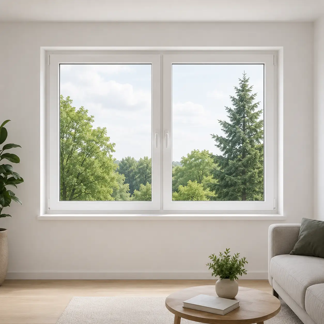 Großes zweiflügeliges Wohnraumfenster mit Baurichtmaß 176 mal 126 cm ecowindow
