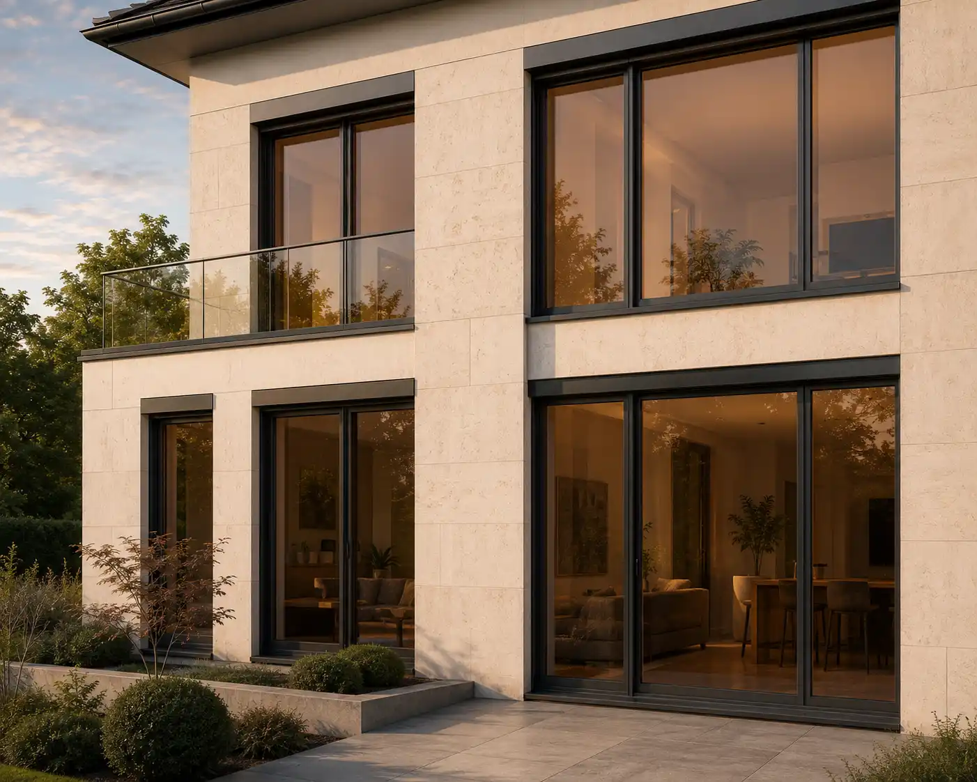 Fenster mit getöntem Sonnenschutzglas in moderner Fassade, ecowindow